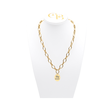 High Point University gold large link evermore necklace with large oval charm with high point university text and panther logo on white necklace bust front
