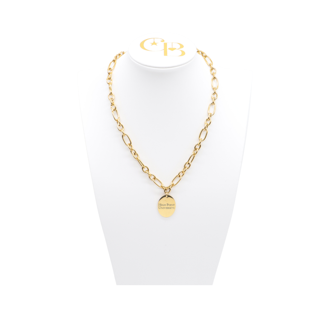 High Point University gold large link Keepsake Necklace with large oval charm with high point university horizontal text on white bust front view
