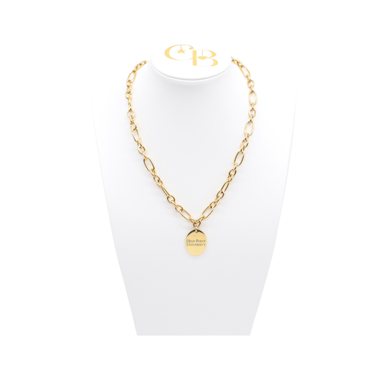 High Point University gold large link Keepsake Necklace with large oval charm with high point university horizontal text on white bust front view
