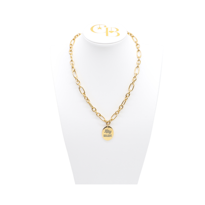 High Point University gold large link Keepsake Necklace with large oval charm with high point university text and panther logo on white bust front view
