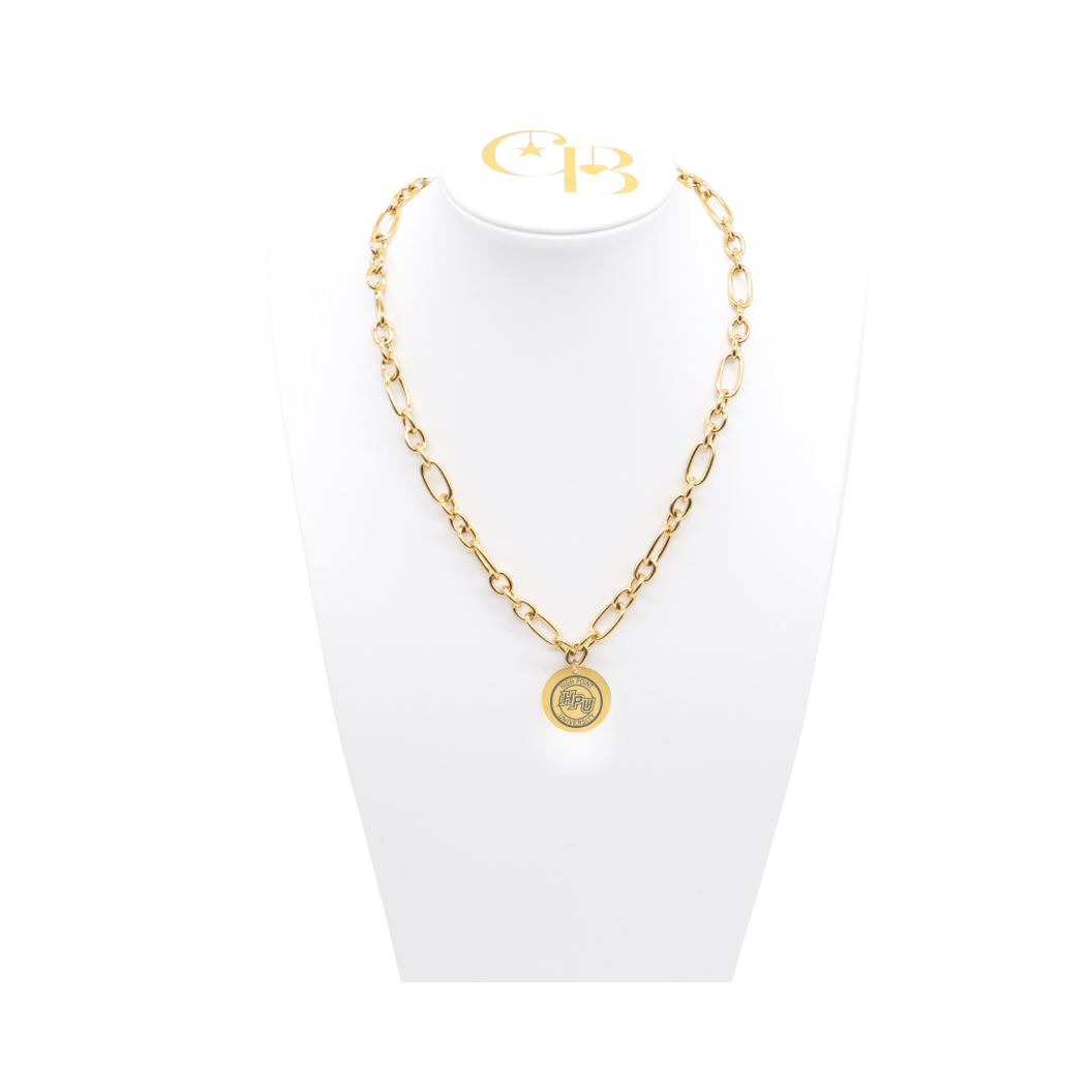 High Point University gold large link Keepsake Necklace with large round charm with high point university text and hpu logo on white bust front view
