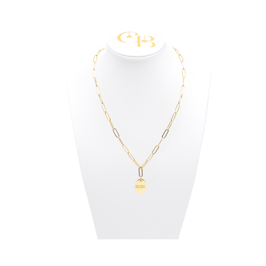 High Point University gold link storyline necklace with small oval charm with high point university horizontal text on white bust front view
