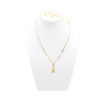 High Point University gold link storyline necklace with small oval charm with high point university text and hpu logo on white bust front view
