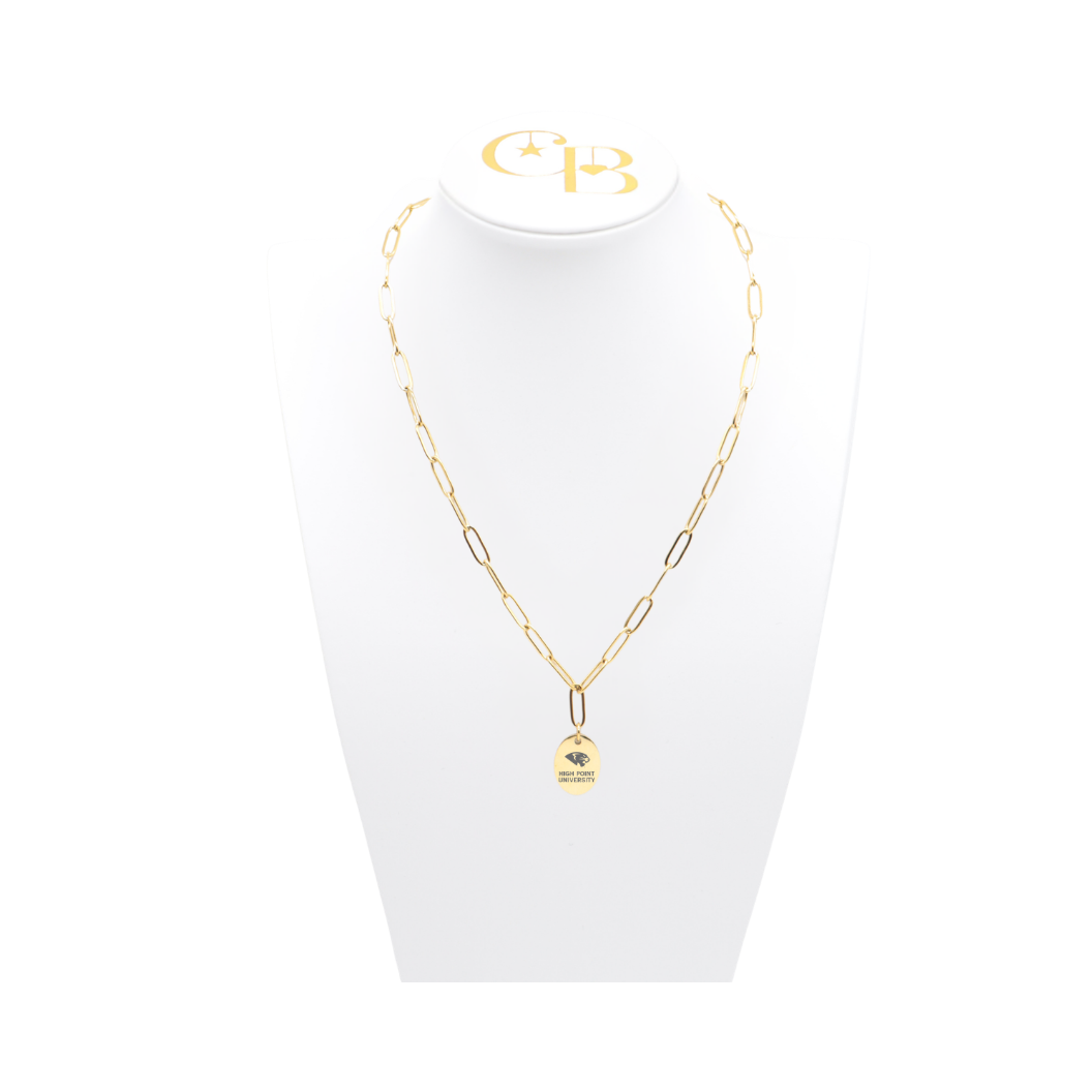 High Point University gold link storyline necklace with small oval charm with high point university text and panther logo on white bust front view
