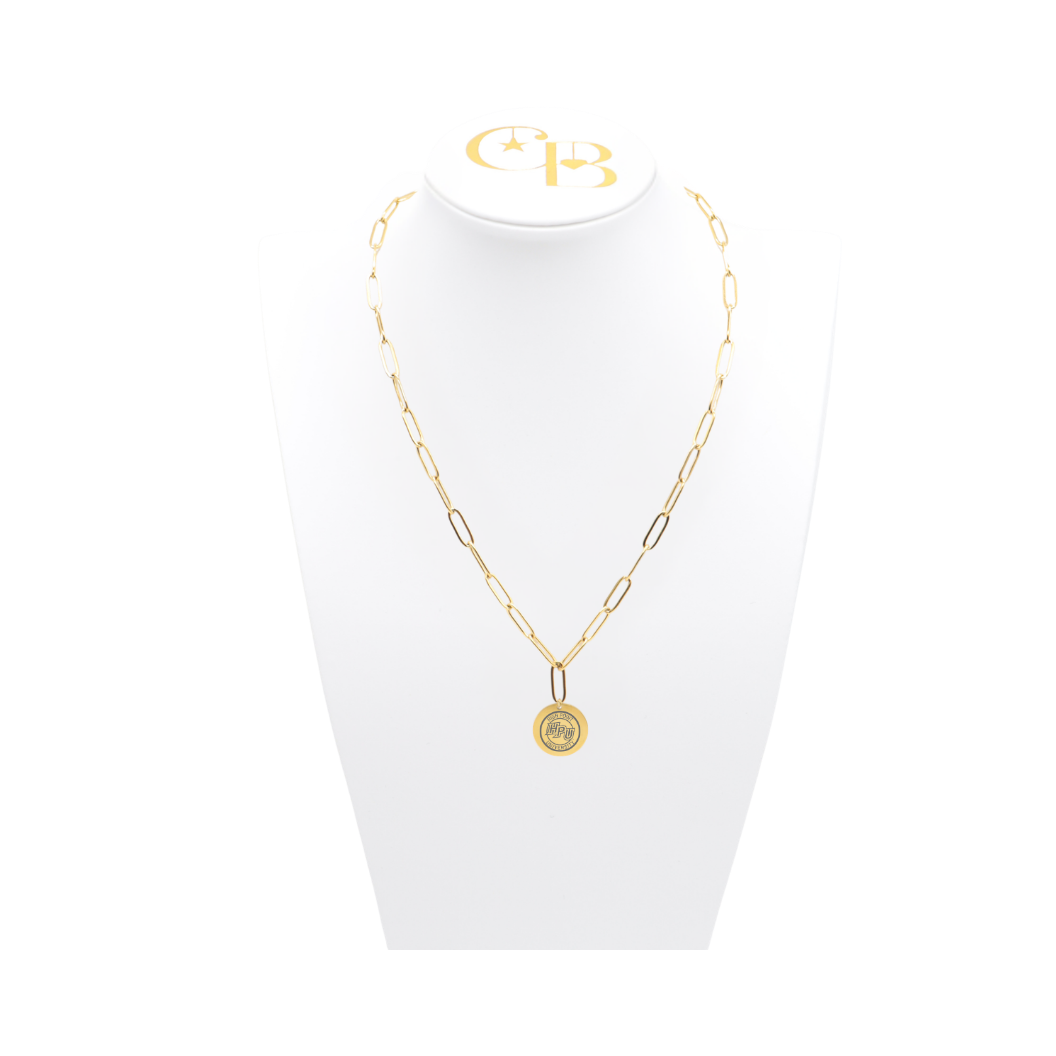 High Point University gold link storyline necklace with small round charm with high point university text and hpu logo on white bust front view
