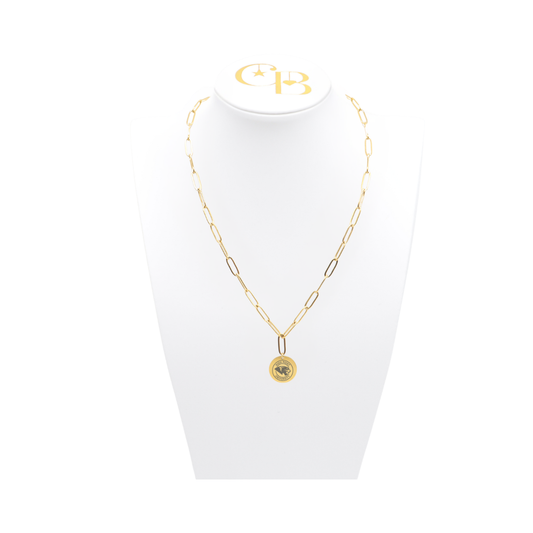 High Point University gold link storyline necklace with small round charm with high point university text and panther logo on white bust front view
