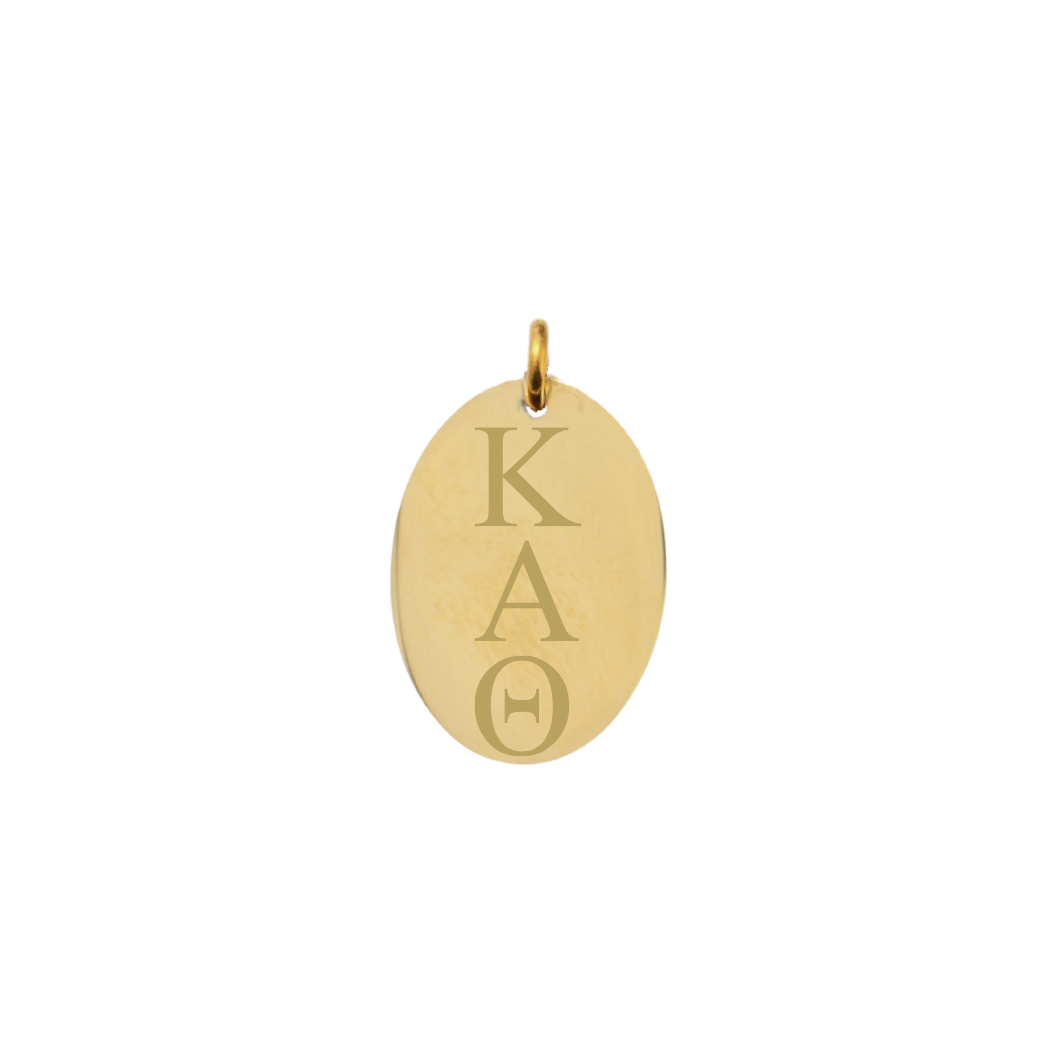 Kappa Alpha Theta gold large oval charm with vertical/stacked greek letters front view