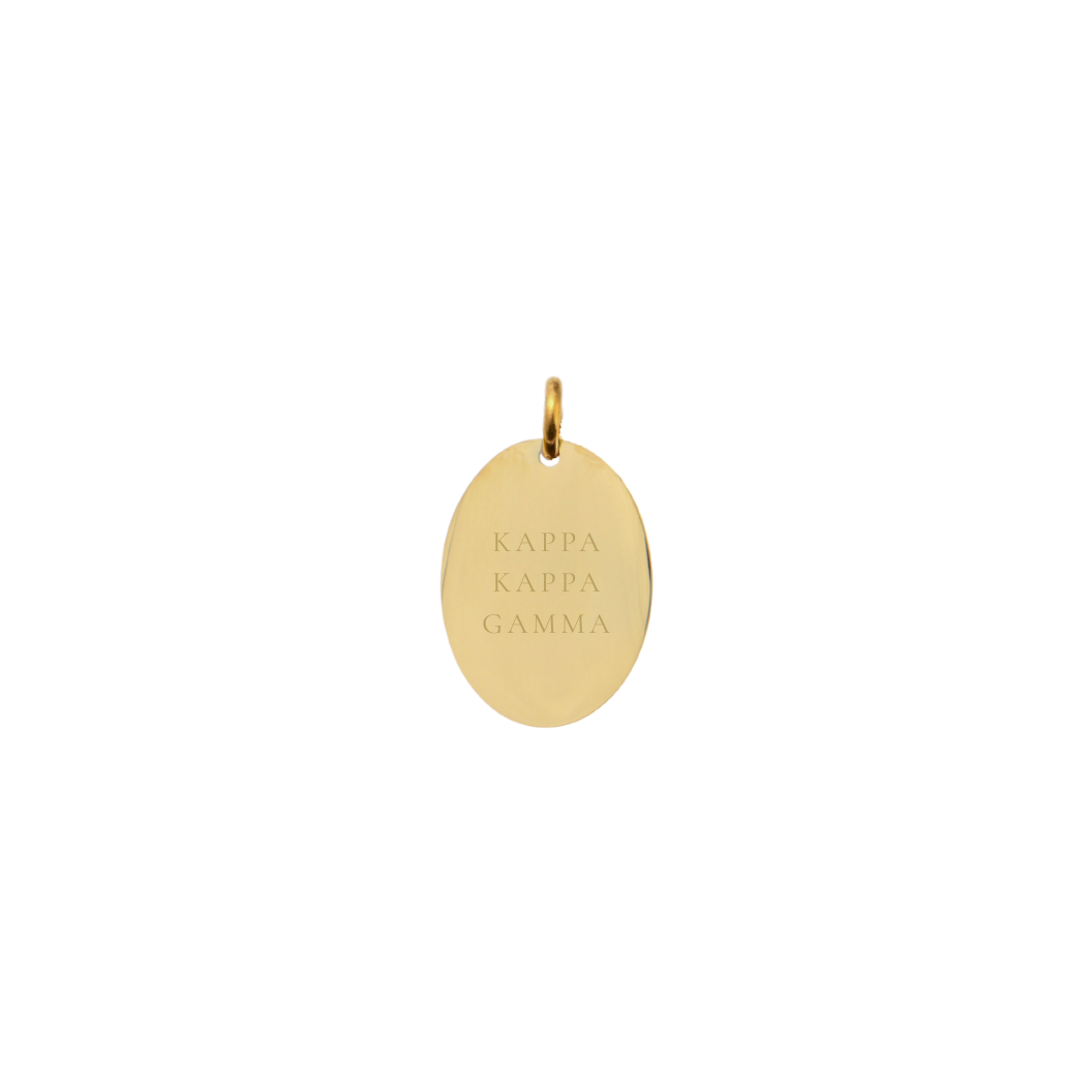 Kappa Kappa Gamma gold small oval charm with full sorority name front view.
