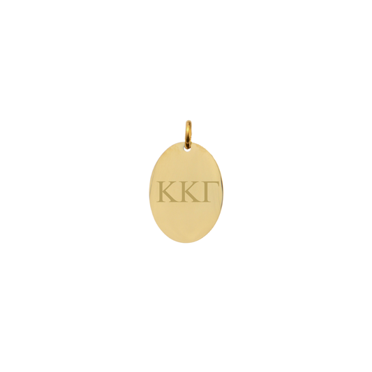 Kappa Kappa Gamma gold small oval charm with horizontal greek letters front view.