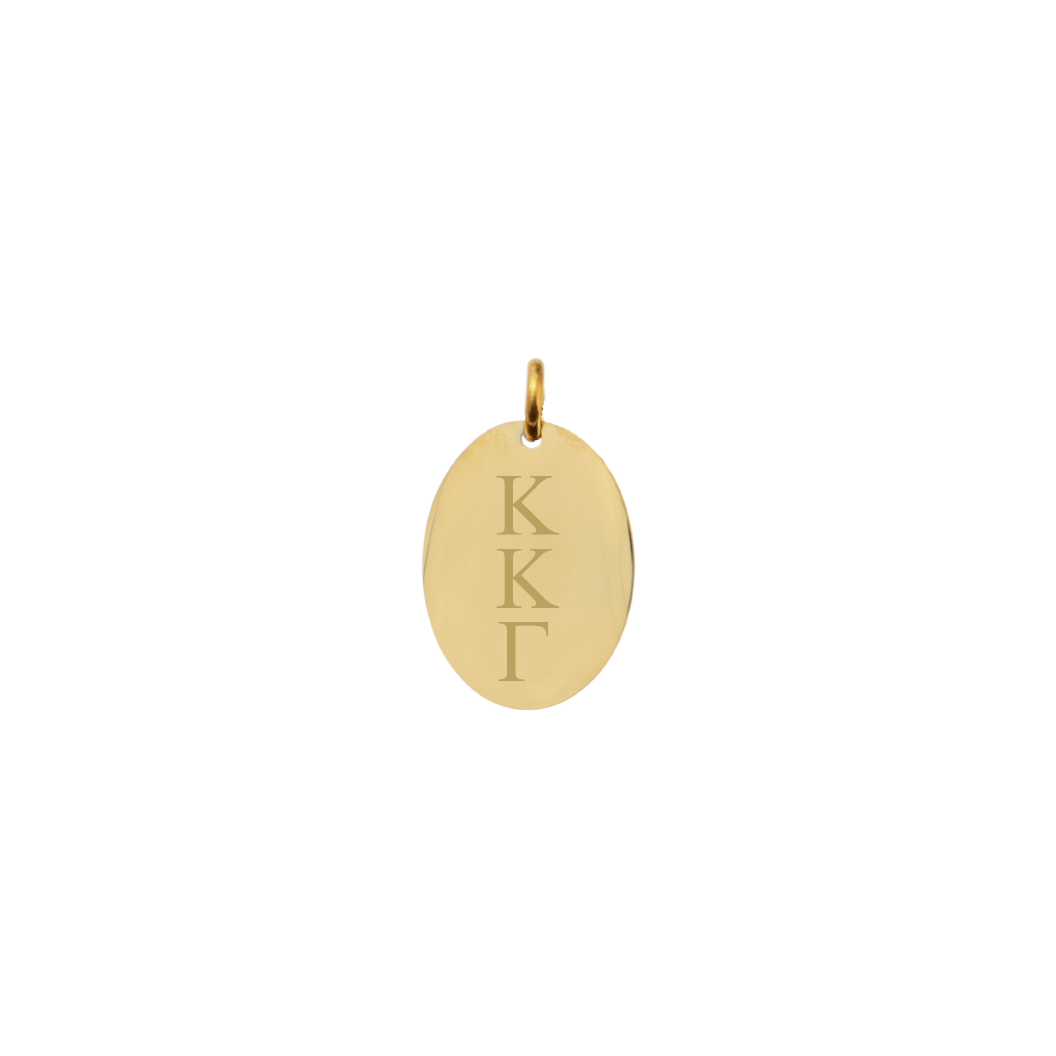 Kappa Kappa Gamma gold small oval charm with vertical greek letters front view.