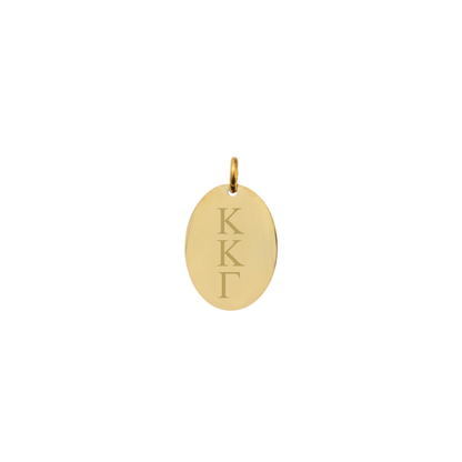 Kappa Kappa Gamma gold small oval charm with vertical greek letters front view.