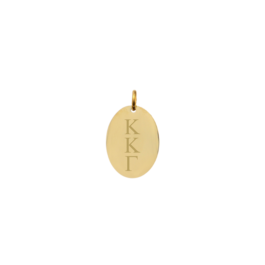 Kappa Kappa Gamma gold small oval charm with vertical greek letters front view.