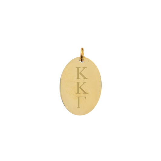 Kappa Kappa Gamma gold large oval charm with vertical greek letters front view.