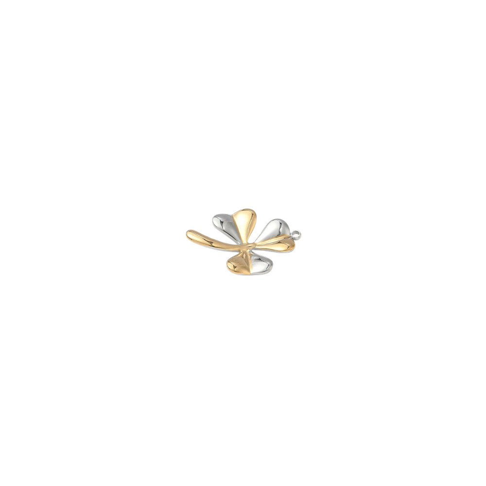 Mixed metal flat view shamrock charm featuring alternating gold and silver leaves displayed on a white background.