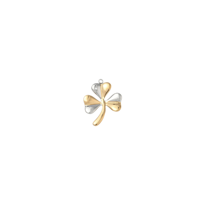 Mixed metal shamrock charm featuring alternating gold and silver leaves displayed on a white background.