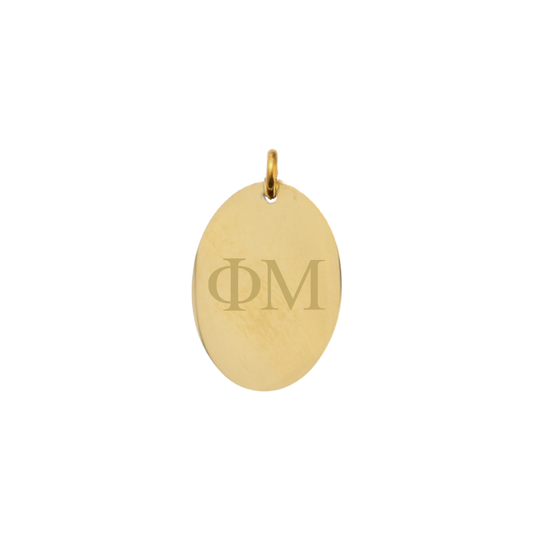 Phi Mu gold large oval charm with horizontal greek letters front view.