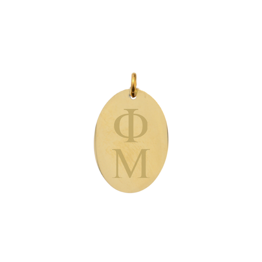 Phi Mu gold large oval charm with vertical greek letters front view.