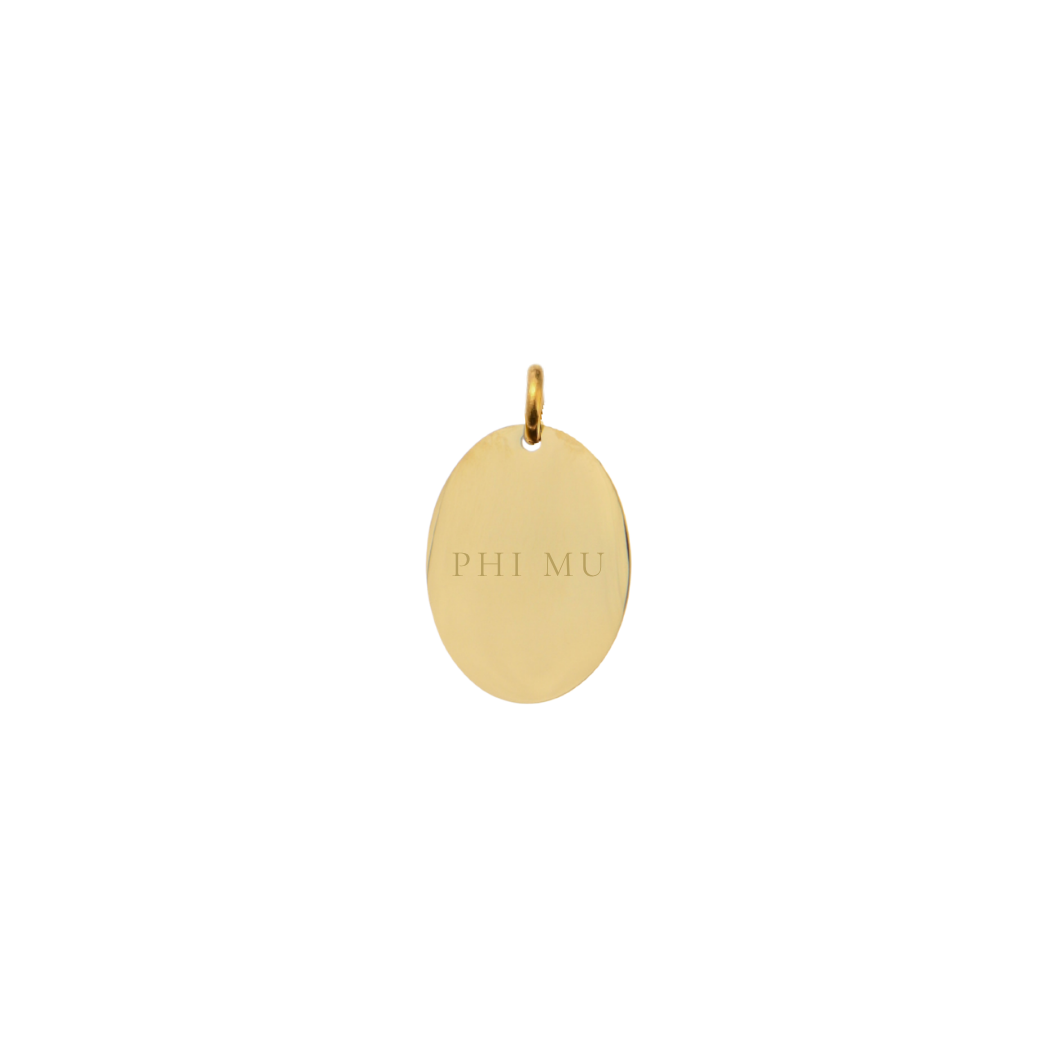 Phi Mu gold small oval charm with full sorority name front view.