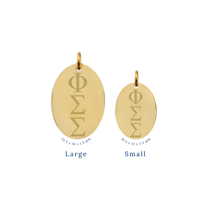 Phi Sigma Sigma gold large oval charm and small oval charm comparison with vertical/stacked greek letters front view