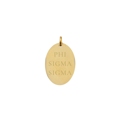 Phi Sigma Sigma gold large oval charm with full sorority name front view