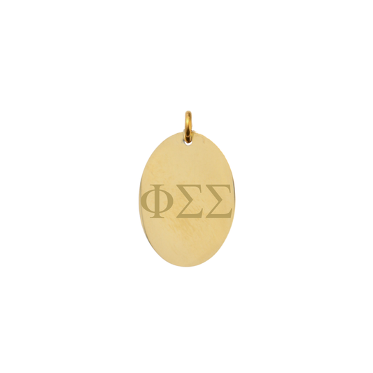 Phi Sigma Sigma gold large oval charm with horizontal greek letters front view