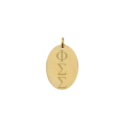 Phi Sigma Sigma gold large oval charm with vertical/stacked greek letters front view