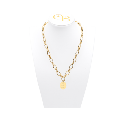 Phi Sigma Sigma gold large link evermore necklace with large oval charm displayed on white necklace bust front view with full sorority name