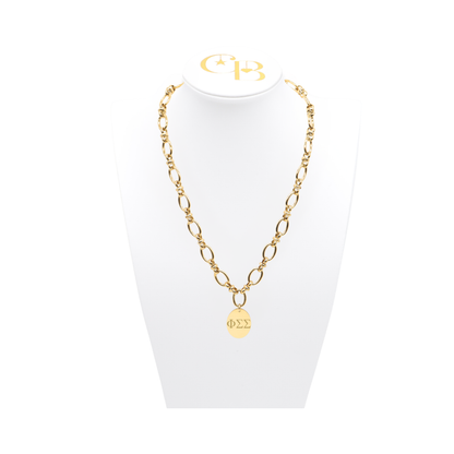 Phi Sigma Sigma gold large link evermore necklace with large oval charm displayed on white necklace bust front view with horizontal greek letters