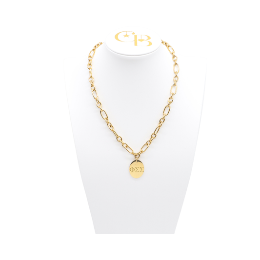 Phi Sigma Sigma gold large link keepsake necklace with large oval charm displayed on white necklace bust front view with horizontal greek letters