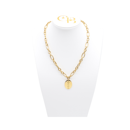 Phi Sigma Sigma gold large link keepsake necklace with large oval charm displayed on white necklace bust front view with vertical/stacked greek letters