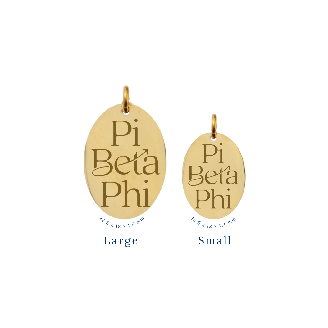 Pi Beta Phi gold large oval charm and small oval charm comparison with new stacked logo front view