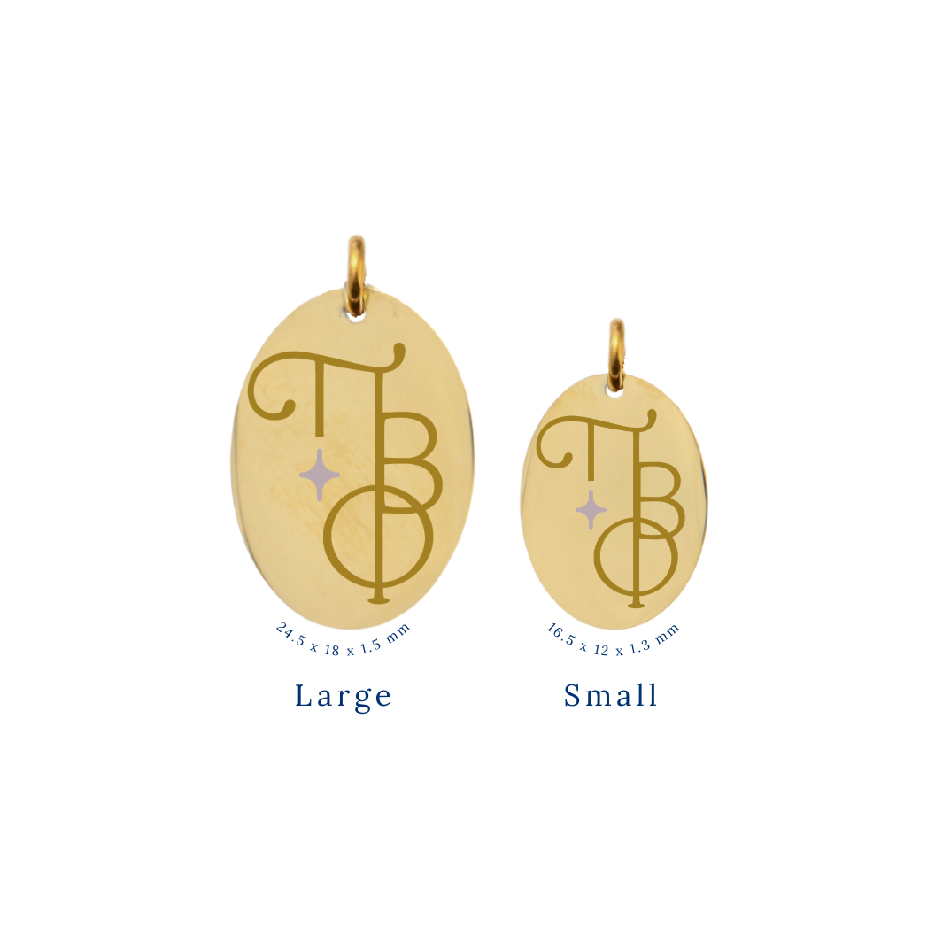 Pi Beta Phi gold large oval charm and small oval charm comparison with new vertical/stacked greek letters front view
