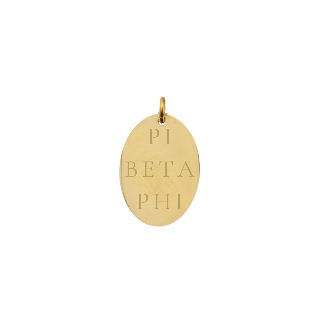 Pi Beta Phi gold large oval charm with full sorority name front view