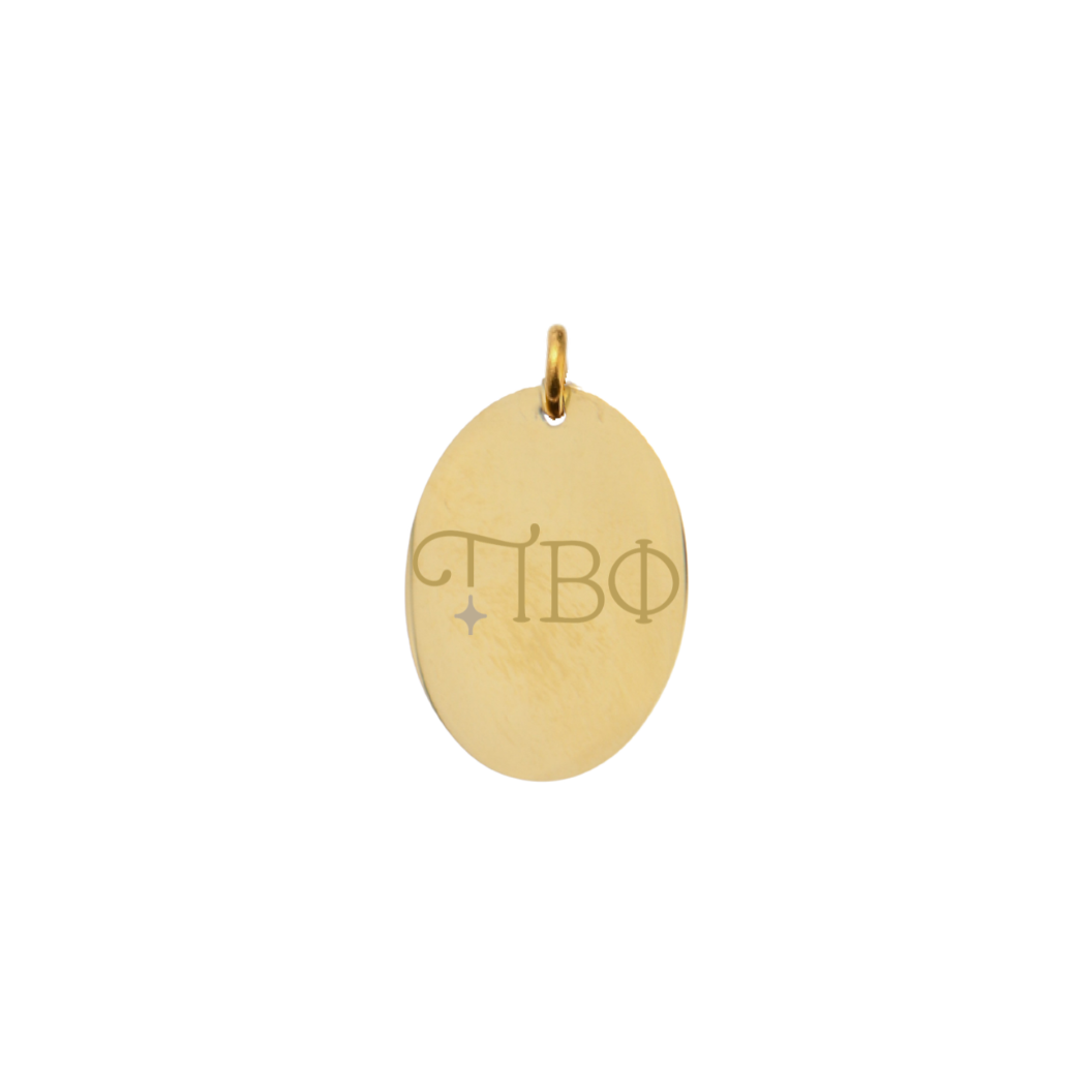 Pi Beta Phi gold large oval charm with new horizontal greek letters front view