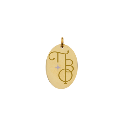 Pi Beta Phi gold large oval charm with new vertical/stacked greek letters front view