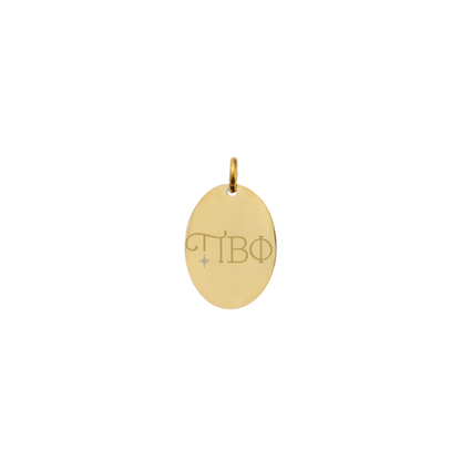 Pi Beta Phi gold small oval charm with new horizontal greek letters front view