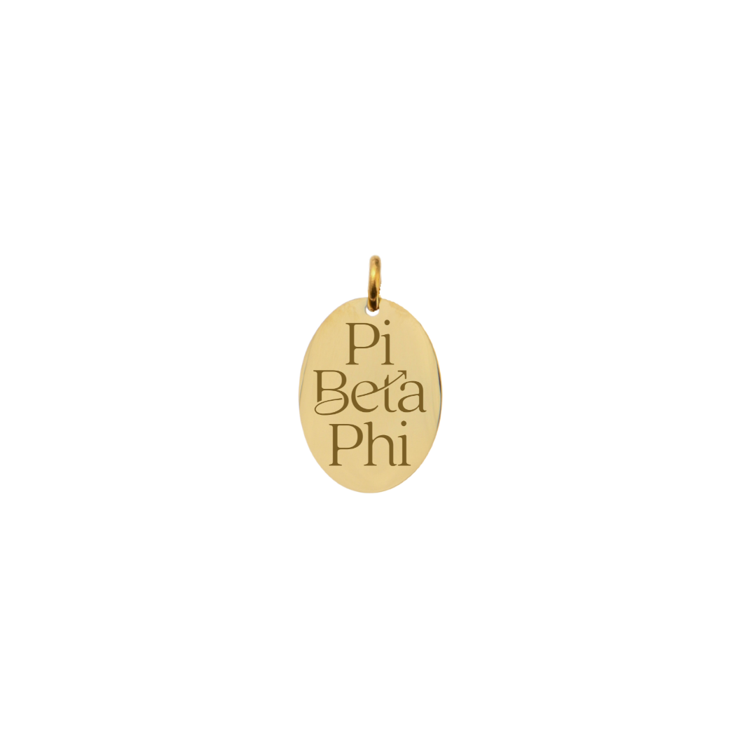 Pi Beta Phi gold small oval charm with new stacked logo front view