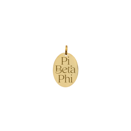 Pi Beta Phi gold small oval charm with new stacked logo front view