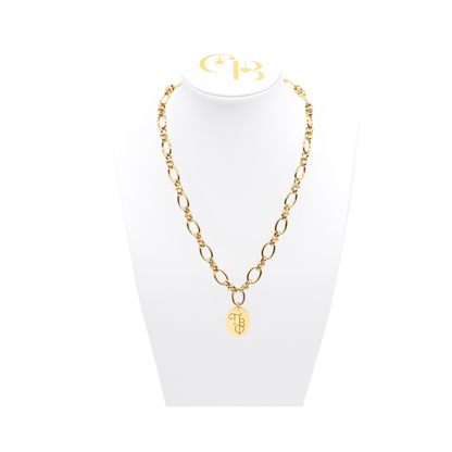Pi Beta Phi gold large link evermore necklace with large oval charm displayed on white necklace bust front view with new vertical/stacked greek letters