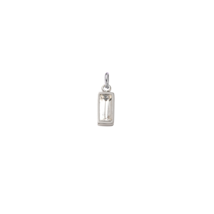 Silver rectangular clear crystal gemstone charm with a faceted baguette-cut stone on a transparent background.