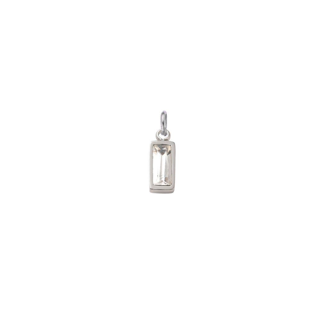 Silver rectangular clear crystal gemstone charm with a faceted baguette-cut stone on a clean white background.