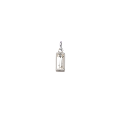 Silver rectangular clear crystal gemstone charm with a faceted baguette-cut stone on a clean white background.