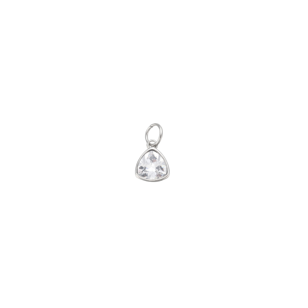 Silver clear triangle gemstone charm featuring a faceted crystal in a polished silver setting on a white background.