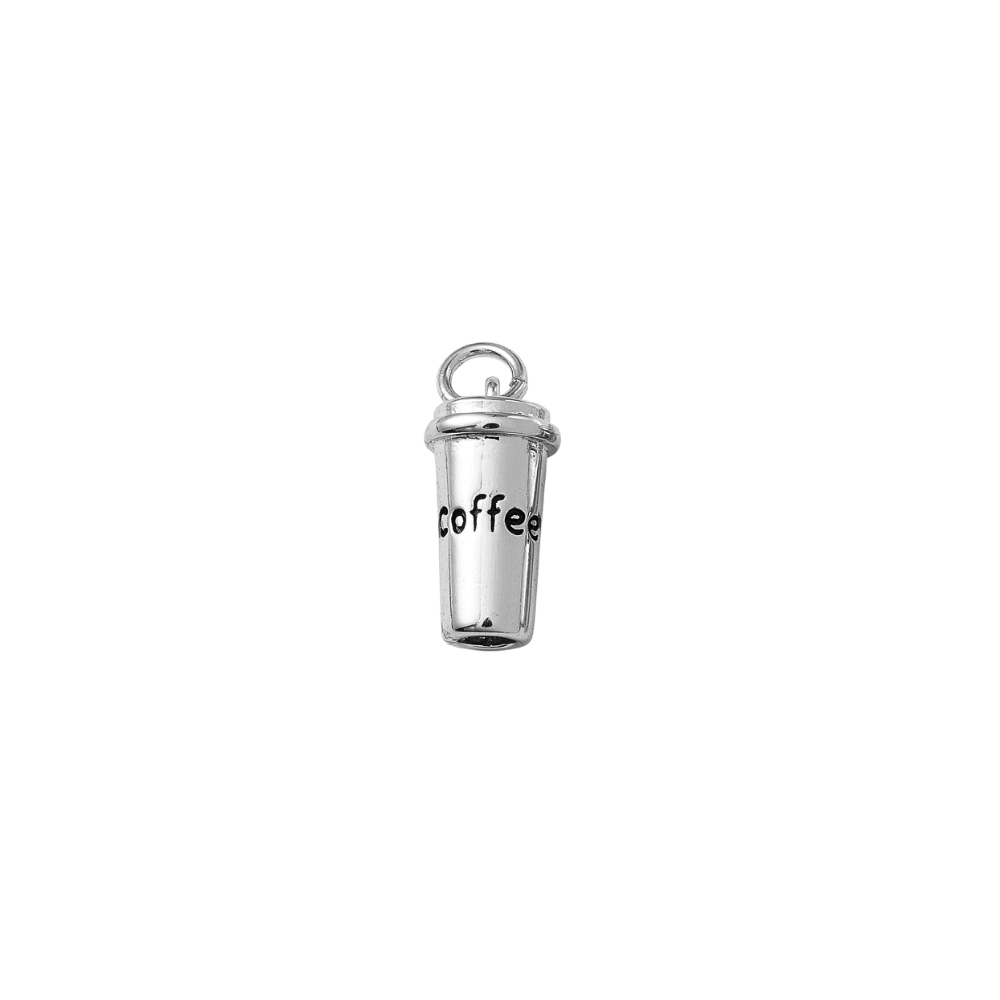 Silver to-go coffee cup charm with engraved coffee detail on a white background.