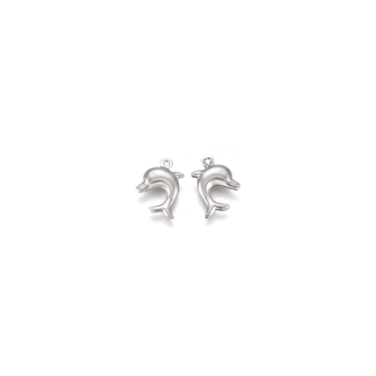Silver dolphin charm with a polished finished and pre-installed silver jump ring on a white background.