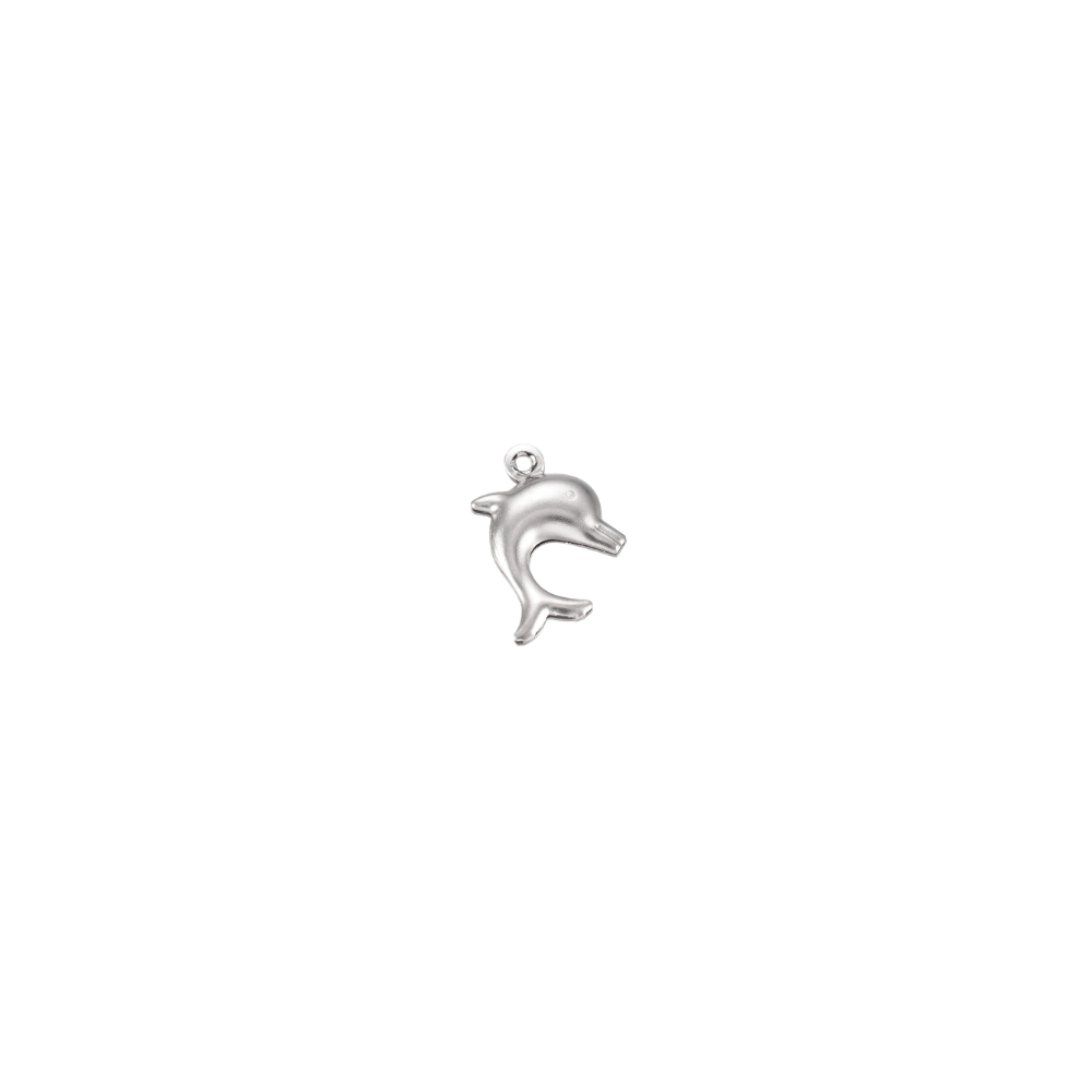Silver dolphin charm on a white background, featuring a polished dolphin design with a pre-installed silver jump ring.