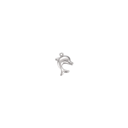 Silver dolphin charm on a white background, featuring a polished dolphin design with a pre-installed silver jump ring.