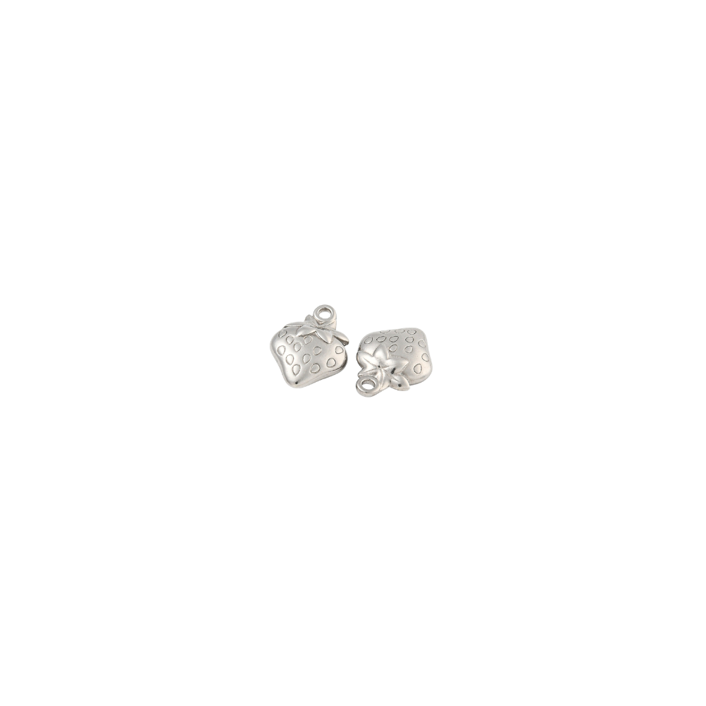 Two silver fresh picked strawberry charms displayed on a white background, showing both front and back views.