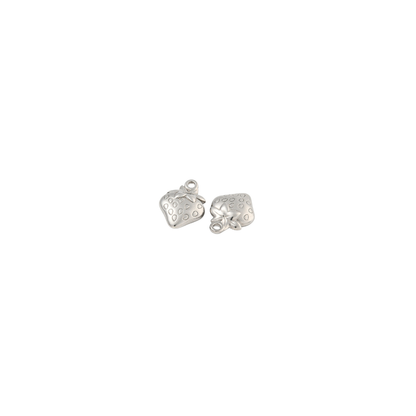 Two silver fresh picked strawberry charms displayed on a white background, showing both front and back views.