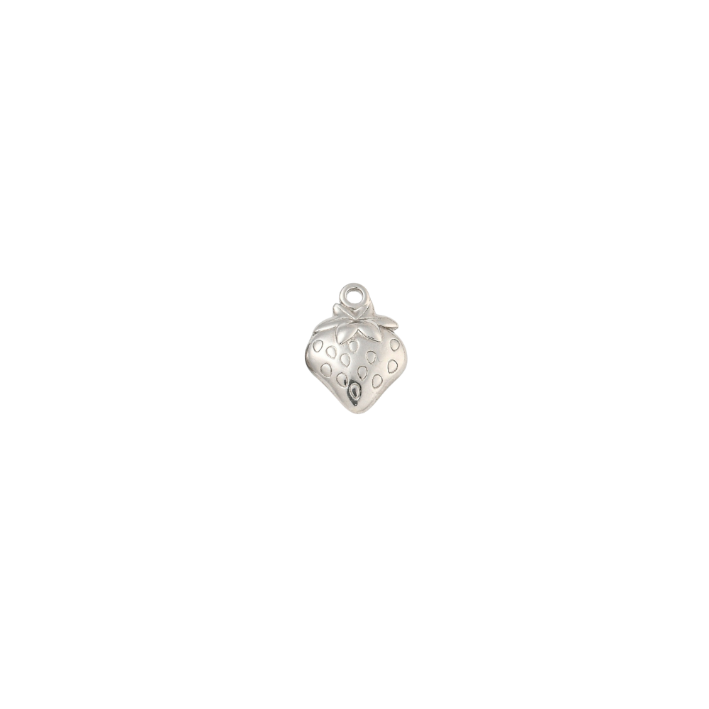 Silver strawberry charm with engraved seed details and leafy top on a white background.